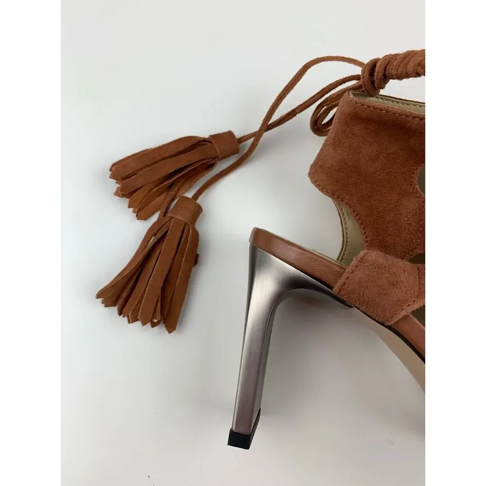 BCBGMaxAzria Brown Suede Heels Booties Open Toe Tassel Lace Up Women's 36 US 6
